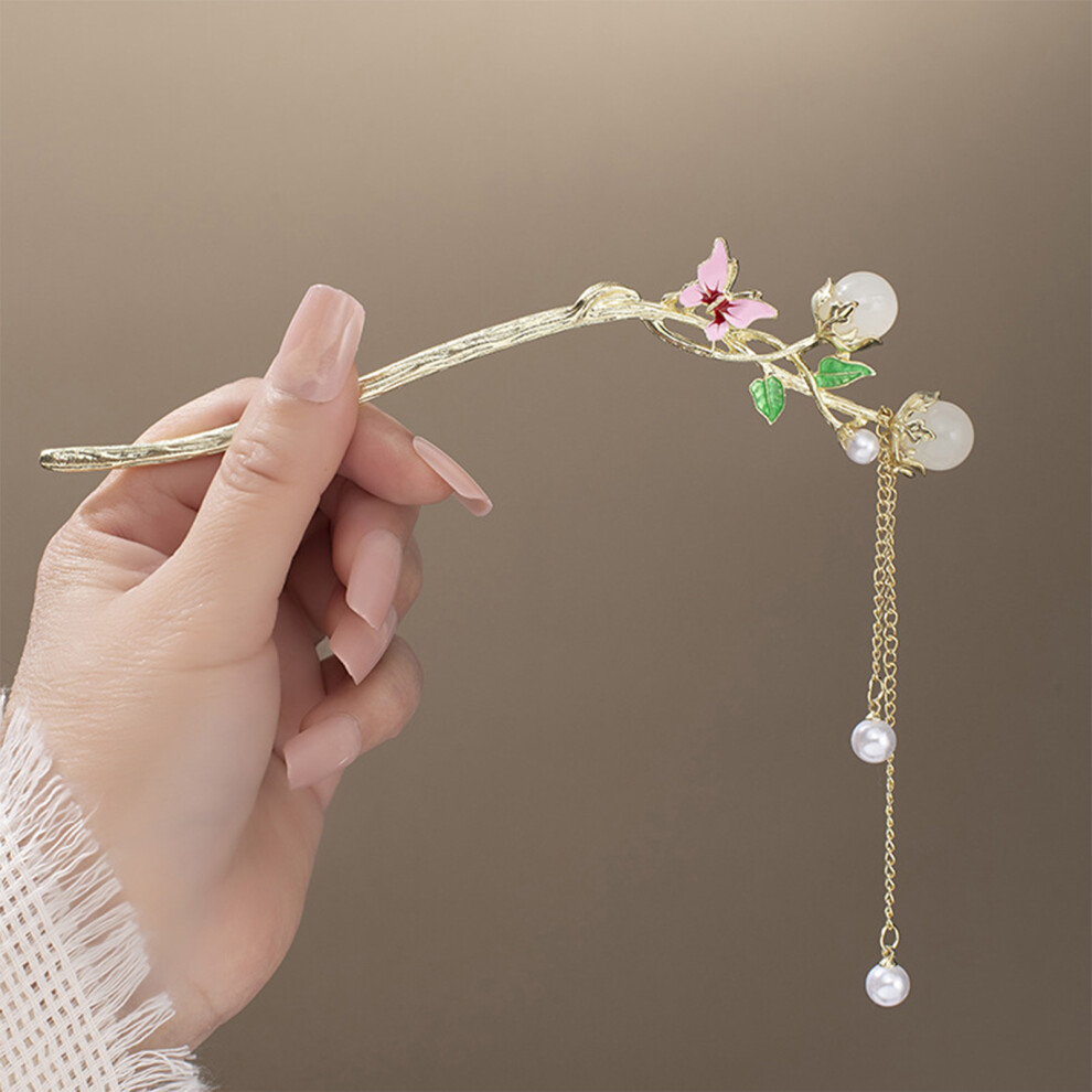 Hue-Grain (Pink Glazed Beads) Gold Butterfly Hair Chopsticks With Crystals