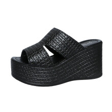 Sandali neri da donna con zeppa e plateau, punta tonda, design intrecciato, suola spessa, tacco alto, calzature estive casual per esterni, taglia 39,