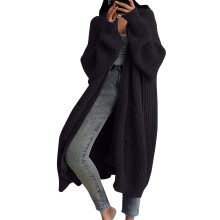 Damen-Strickcardigan, einfarbig, langärmelig, knielang, lässiges Design, mittellange Strickjacke – Schwarz, Größe L