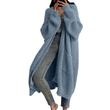 Cardigã feminino de malha de manga comprida, cor sólida, comprimento até o joelho, modelo casual, jaqueta de tricô de comprimento médio - Azul