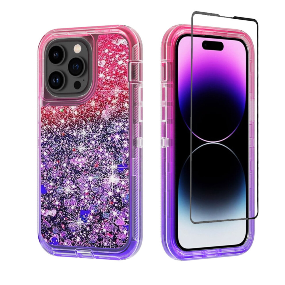 Bling Glitter Quicksand Iphone 14 Pro Case With Screen Protector Â Clear, Shockproof, Compatible With Iphone 14 Pro 6.1" (+Purple) Red/Purple 9028731204383