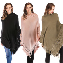 Xale feminino com capuz, capa, suéter, poncho, franjas na barra, cachecol de tricô.