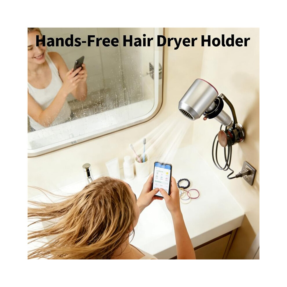 Melitt Hands Free Hair Dryer Holder Wall Mounted With Suction Cup, No Drill Installation For Damage-Free Walls