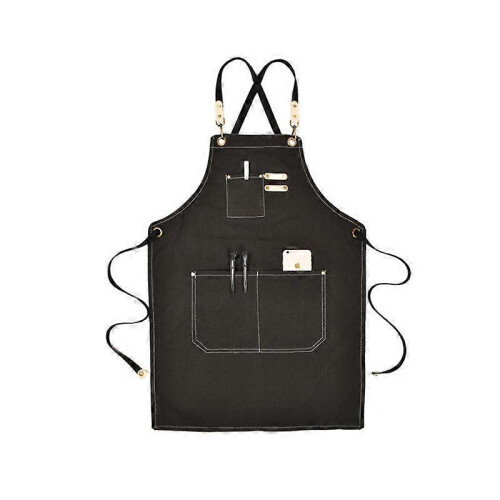 (BLACK) Canvas Work Apron With Adjustable Strap Multi Pockets For Barista Barber Beauty Salon