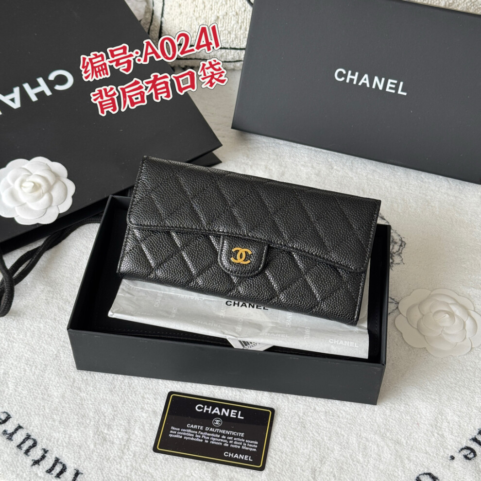 Xhrain Chanel Classic Flap Long Wallet | Caviar Leather Zip Around Wallet A0241 Black