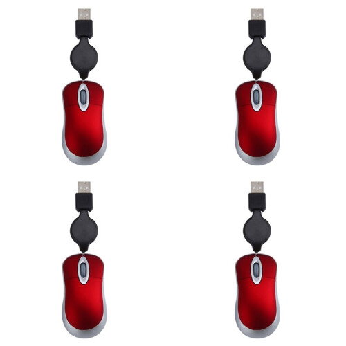 4X  USB Wired Mouse Retractable Cable Tiny Small Mouse 1600 DPI for Windows 98 2000 XP Vista Ve (Red)