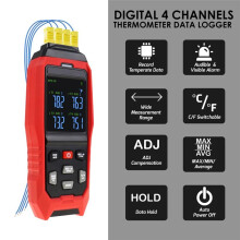Termómetro Termopar de 4 Canales, Registrador de Datos, Termómetro Tipo K, Registrador de Temperatura con Alarma Sonora y Luminosa