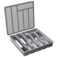 Organizador de Cubiertos con Tapa, Bandeja Cubierta para Utensilios para Cajón y Encimera de Cocina, Cubiertos y Cubiertos de Plástico Gris