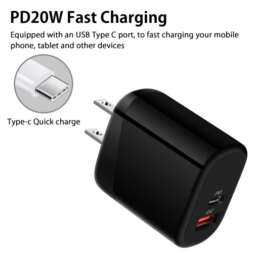 Φορτιστής τοίχου USB-C PD 20W (2 τεμάχια), Γρήγορη φόρτιση QC3.0, Συμβατό με τηλέφωνα Android 2
