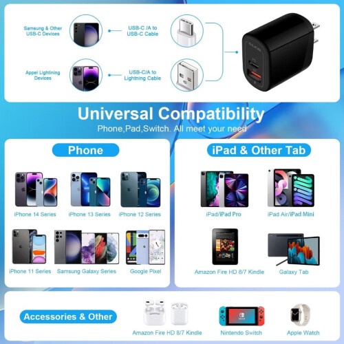 Φορτιστής τοίχου USB-C PD 20W (2 τεμάχια), Γρήγορη φόρτιση QC3.0, Συμβατό με τηλέφωνα Android 1
