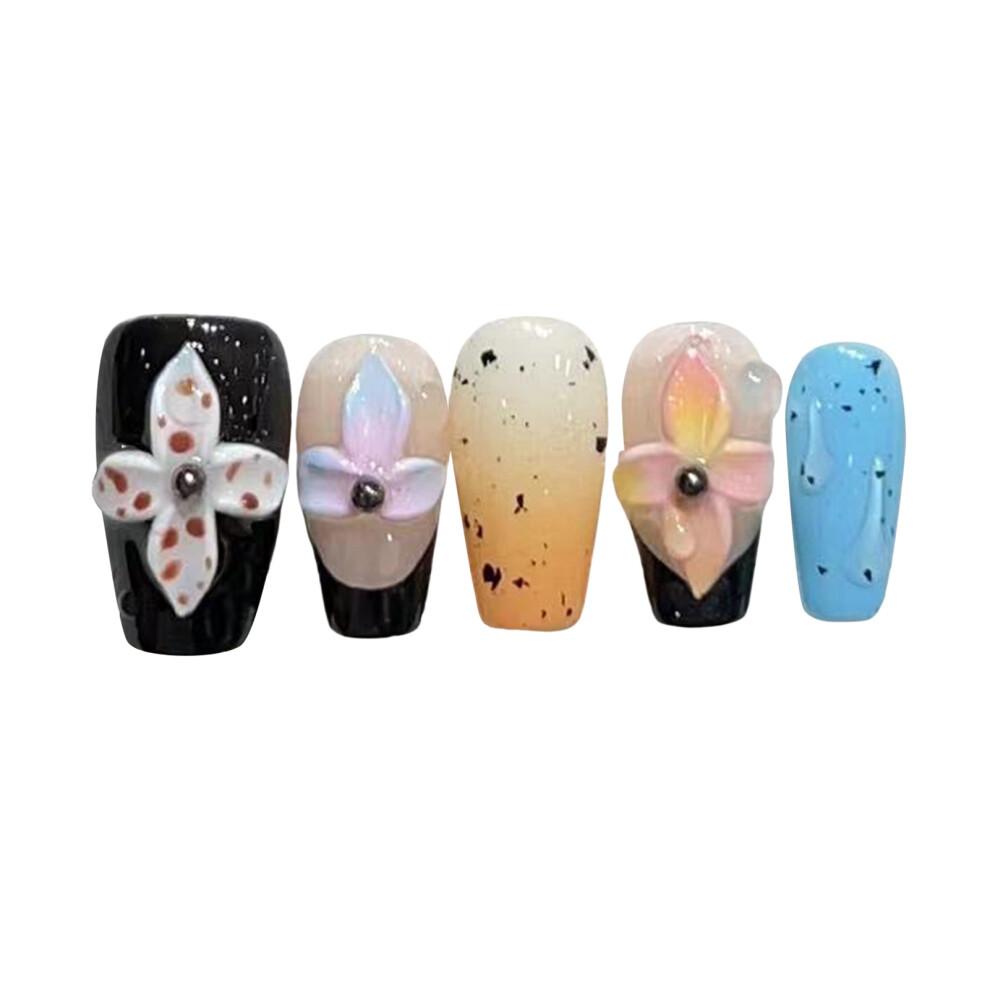 Roc-Electron Blue (M) Flower Printed Fake Nails - Nude & Long Lasting