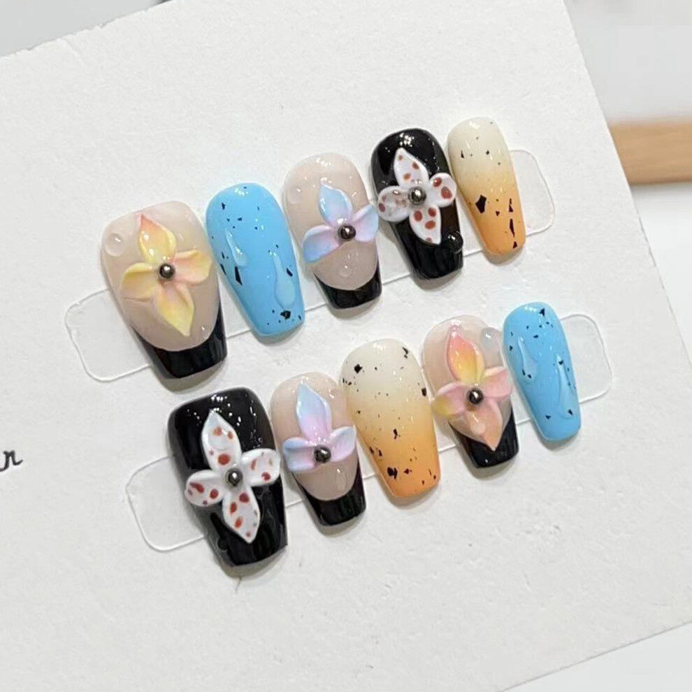 Zhouq-Outdoors (S) Flower Printed Fake Nails - Nude & Blue, Long Lasting