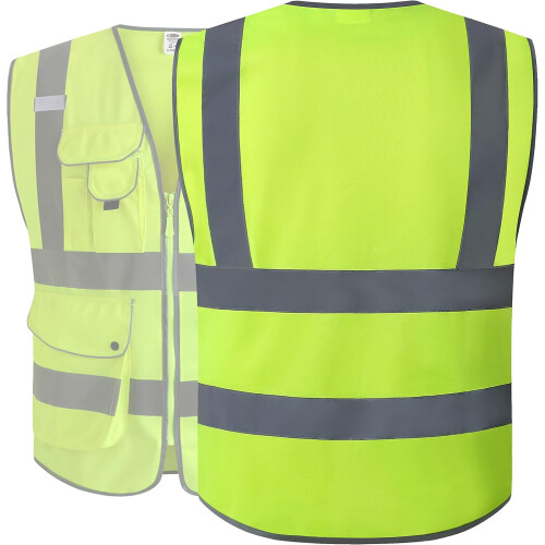 PUMIER9Pockets Class2 Γιλέκο ασφαλείας υψηλής ορατότητας με φερμουάρ μπροστά και 1