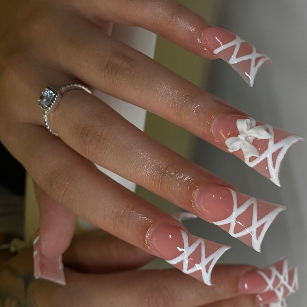 Reach-Tools French Pink Fake Nails With White Line - 50Pcs