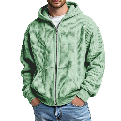 Moletom masculino com capuz, zíper frontal e textura waffle, com bolso canguru. 2