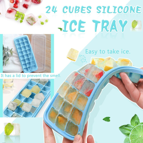 24-Cube Silicone Ice Tray with Spill-Resistant Lid, Easy Release, Stackable – Compatible with Freezer 1