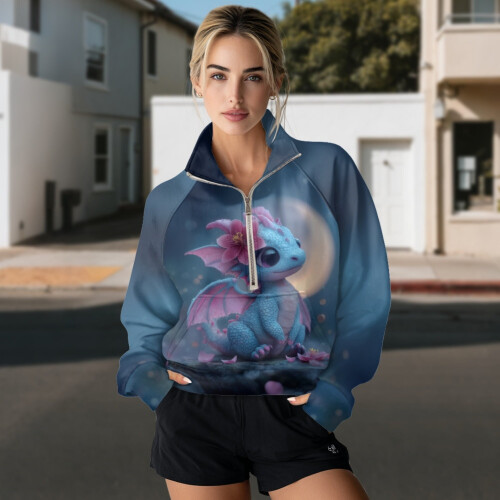 Women's Half-Zip Cropped Sweatshirt Loose Graphic Pullover 2