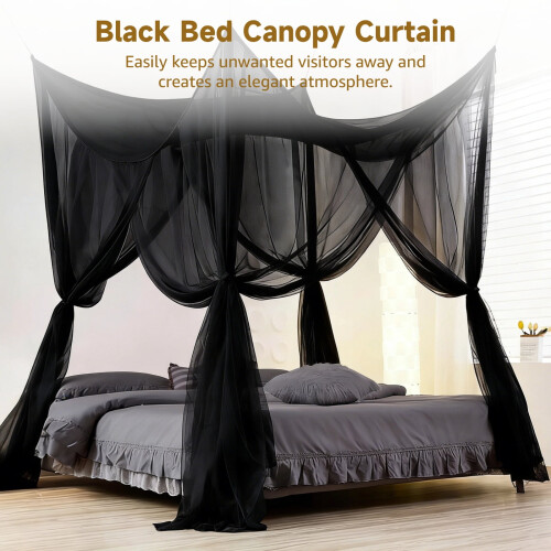 Black Mosquito Net Canopy Polyester 4-Corner 4-Opening Full 1