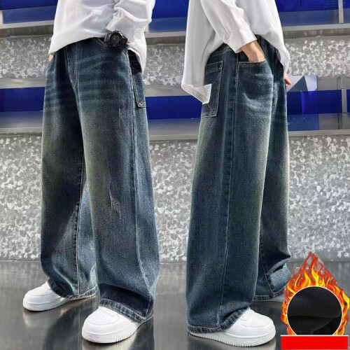 Jeans da ragazzo foderati in pile, pantaloni invernali a gamba dritta 1