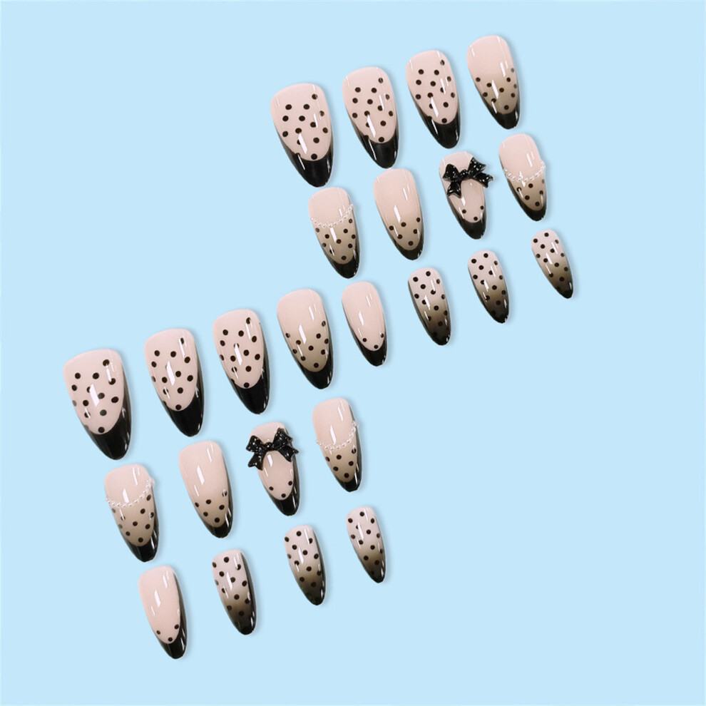 Roc-Electron White,Black 24Pcs Bowknot Pearl Press-On Nails Black Polka Dot