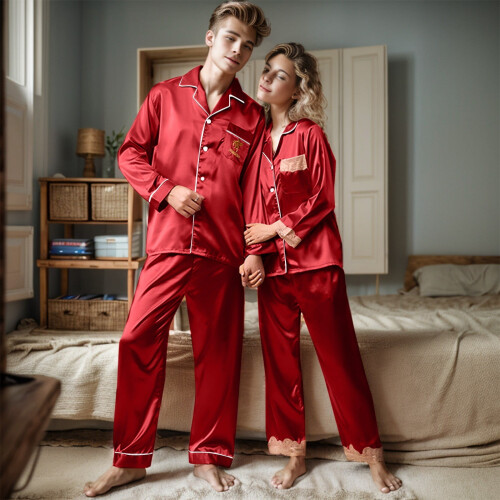 Silk and Coolmax Couples Pajama Set Red 1