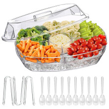 Bandeja refrigerada transparente Teqhome de 38 cm con 4 compartimentos y tapa – Bandeja para servir frutas y verduras con hielo, compatible con
