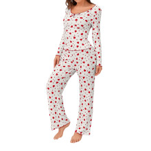 Casual pyjamaset voor dames met lange mouwen en hartjesprint, bestaande uit een lange broek en een nachtbroek, rood, maat S.