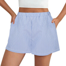 Shorts femininos listrados azuis, modelo folgado e casual com bolso traseiro, calça confortável de verão – tamanho M, ideal para usar o dia todo.
