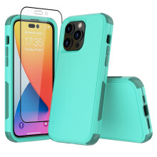 Kompatibel mit iPhone 14 Pro Max Hülle + Displayschutzfolie, robuste, stoßfeste Handyhülle für iPhone 14 Pro Max (6,7 Zoll), Türkis & Hellgrün