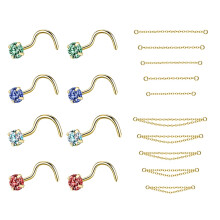 Gold Nose Chain Piercing Set with Rainbow Cubic Zirconia,