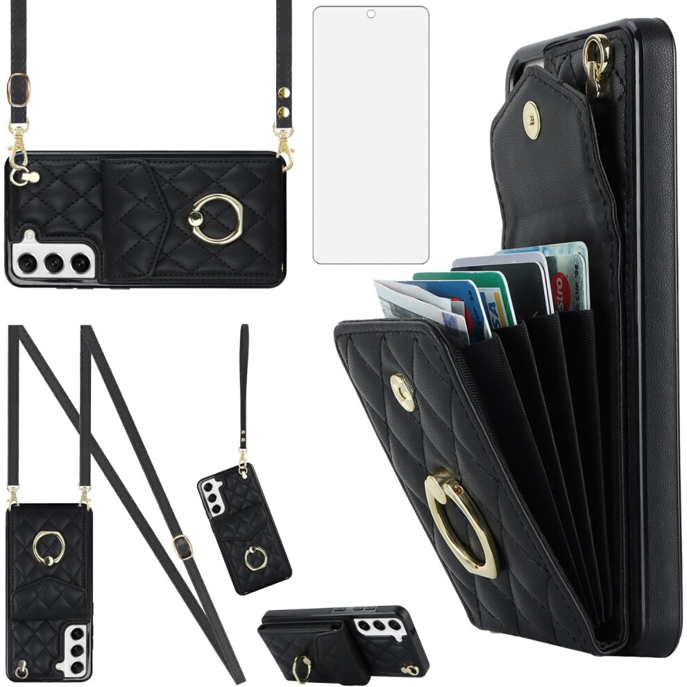 Phone Case Compatible With Galaxy S21 Fe 5G Â Wallet Cover With Tempered Glass, Crossbody Ring, Rfid Blocking & Card Holder 9028731206745