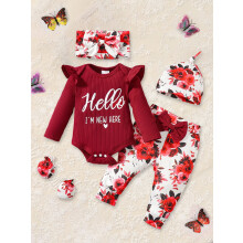 Schattige romperset voor pasgeboren meisjes met de tekst 'Hallo, ik ben nieuw hier', inclusief broekje met bloemenprint, mutsje, haarband en outfit