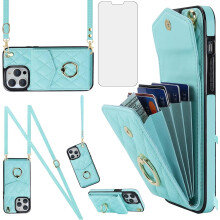 iPhone 14 Pro Max 6,7" Brieftaschenhülle mit gehärtetem Glas, Ringhalter und RFID-Blockierung – Kompatibel mit iPhone 14 Pro Max 5G