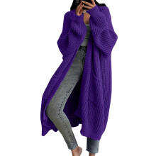 Damen-Strickcardigan, einfarbig, langärmelig, knielang, lässiges Design, mittellange Strickjacke – Lila, Größe S