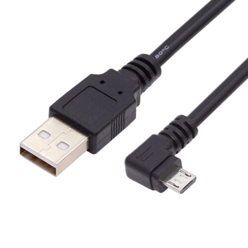 Cabo de dados e carregamento CY1.0M com ângulo de 90 graus para a esquerda, micro USB 5 pinos para USB 2.0, para celular e tablet.