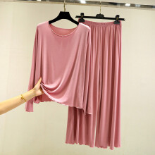 Dames katoenen tweedelige pyjamaset, effen kleur, lange mouwen, casual, comfortabel, grote maten, roze M – Geschikt voor dames