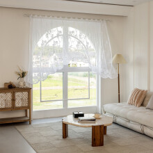 White lace arched sheer curtain with floral embroidery, rod