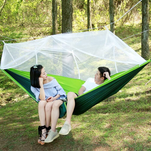 Blue Camping Hammock with Mosquito Net, Lightweight Foldable Design, Zippered Bug Protection 1