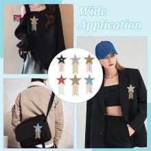 6pcs Star Rhinestone Patches with Chain Tassels Five-Pointed Star Ironing Patches Clothes Hat Jeans Bag Dress Pants DIY