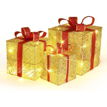 Kerstset van 3 verlichte geschenkdozen, met verbeterde USB-voeding, voor een warme kerstsfeer binnen of buiten.
