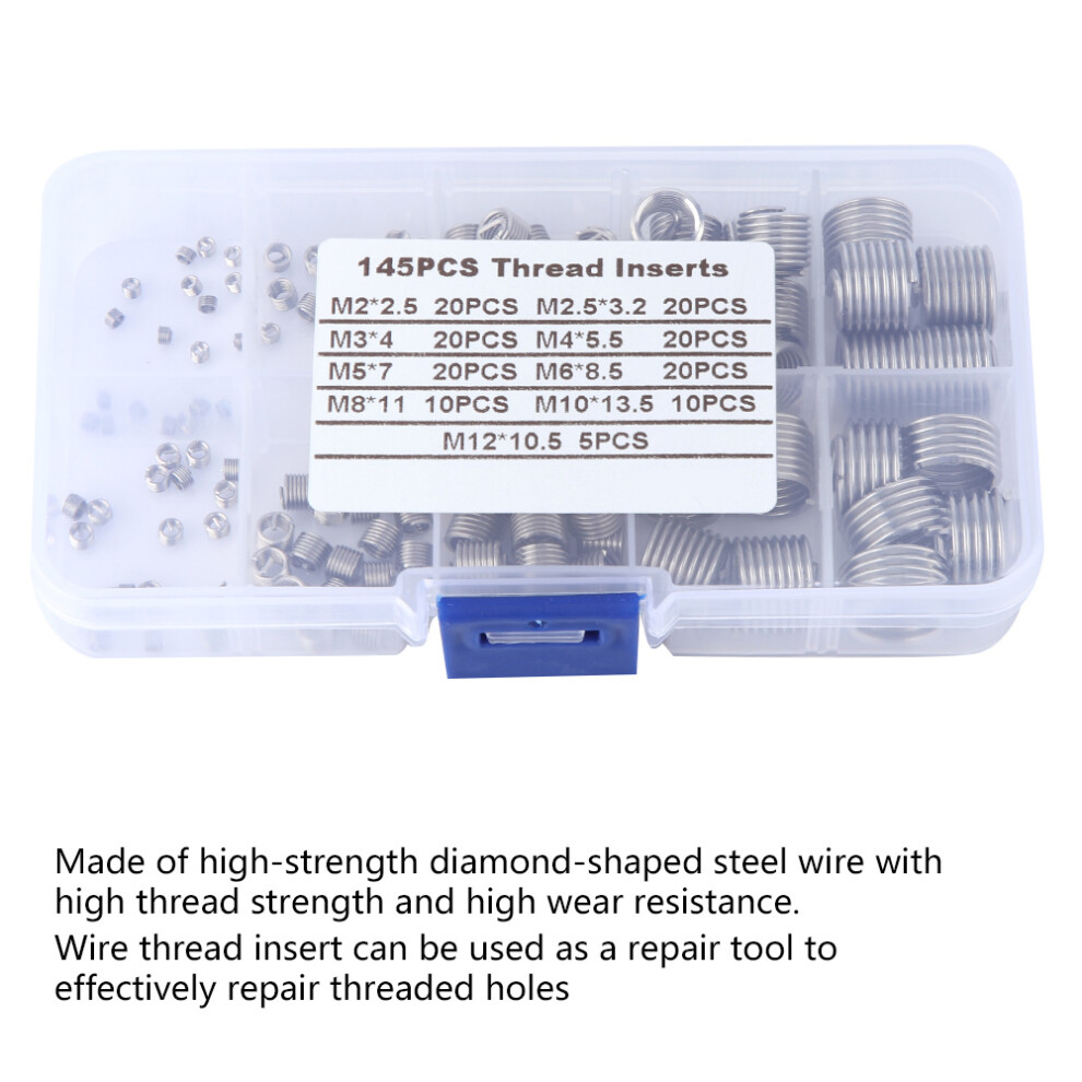 145Pcs Stainless Steel Wire Screw Sleeve Thread Repair Kit, Sizes M2âM12 7891390768211