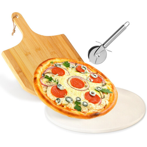 Pietra refrattaria per pizza con pala e coltello, 3 pezzi.