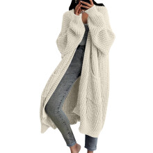 Damen-Strickcardigan, einfarbig, langärmelig, knielang, lässiges Design, mittellange Strickjacke – Weiß, Größe XL