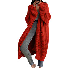 Dame ensfarget langermet strikket cardigan, knelangt Lazy Trend-design, mellomlang casual genserjakke - rød, størrelse L