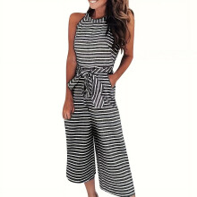 Macacão feminino listrado sem mangas, com pernas largas e cinto de laço, cintura alta, estilo casual de verão, preto, tamanho G