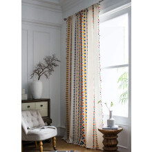 Fenstervorhang im Boho-Chic-Stil aus Baumwoll-Leinen-Mischgewebe, farbenfrohes geometrisches Pompon-Muster, transparenter Vorhang im Bohème-Stil
