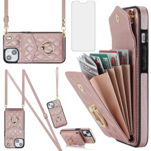 iPhone 13 6,1" Brieftaschenhülle mit gehärtetem Glas, Handschlaufe, Ring, RFID-Blockierung und Kartenhalter – Kompatibel mit iPhone 13 5G
