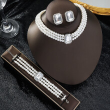 Conjunto de brincos, colar e pulseira de pérolas para mulheres, com strass e cristais. Joias delicadas para noivas e madrinhas.