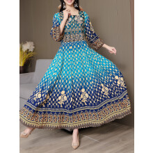 Boho-Maxikleid für Damen mit Paisleymuster, eckigem Ausschnitt und 3/4-Ärmeln