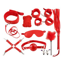 (red) Bondage Set for Couples - Blindfold, Cuffs, Whip